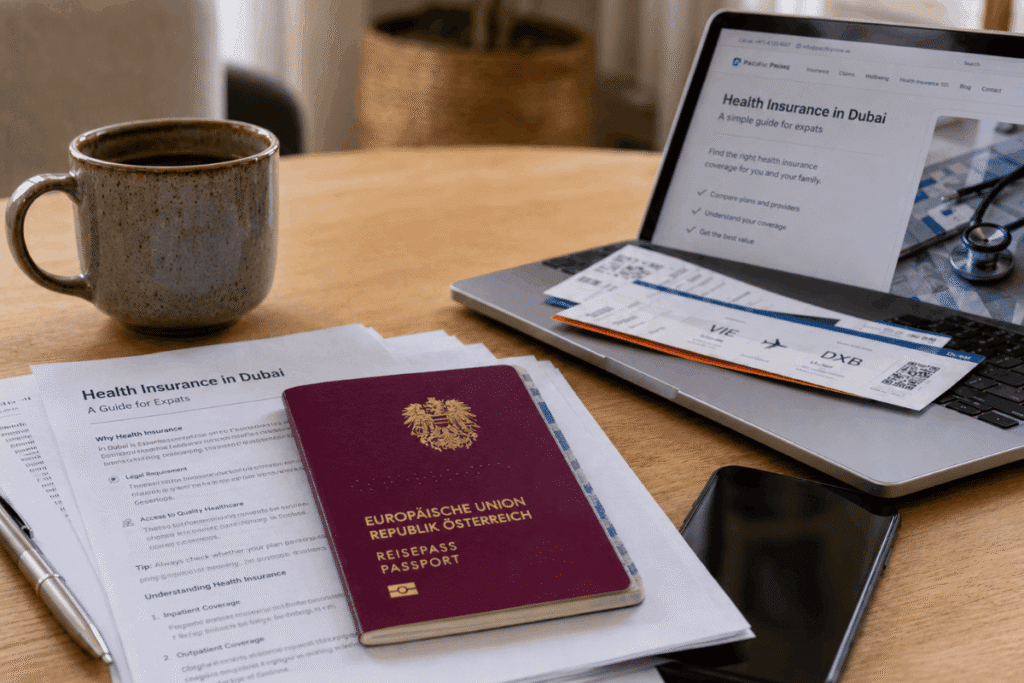 Österreichischer Reisepass und Unterlagen zur Krankenversicherung Dubai auf einem Schreibtisch