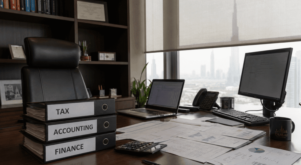 Dubai Steuern: Büro mit Steuerunterlagen, Buchhaltung, Laptop und Blick auf den Burj Khalifa