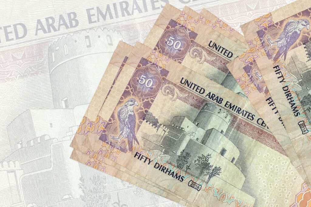 50-Dirham-Banknoten aus den VAE als Symbolbild für Kosten und Gebühren beim Dubai Investorenvisum.