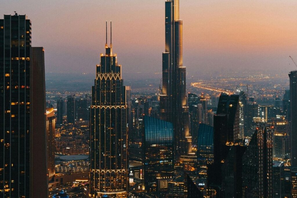 Dubai skyline at night with Burj Khalifa illuminated representing investment, business and long-term residency Dubai Golden Visa
