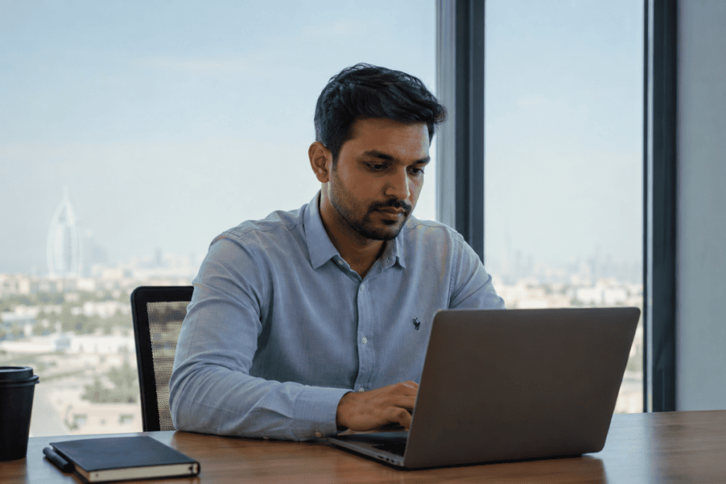 Fachkraft beim Arbeiten in Dubai an einem Laptop im modernen Büro